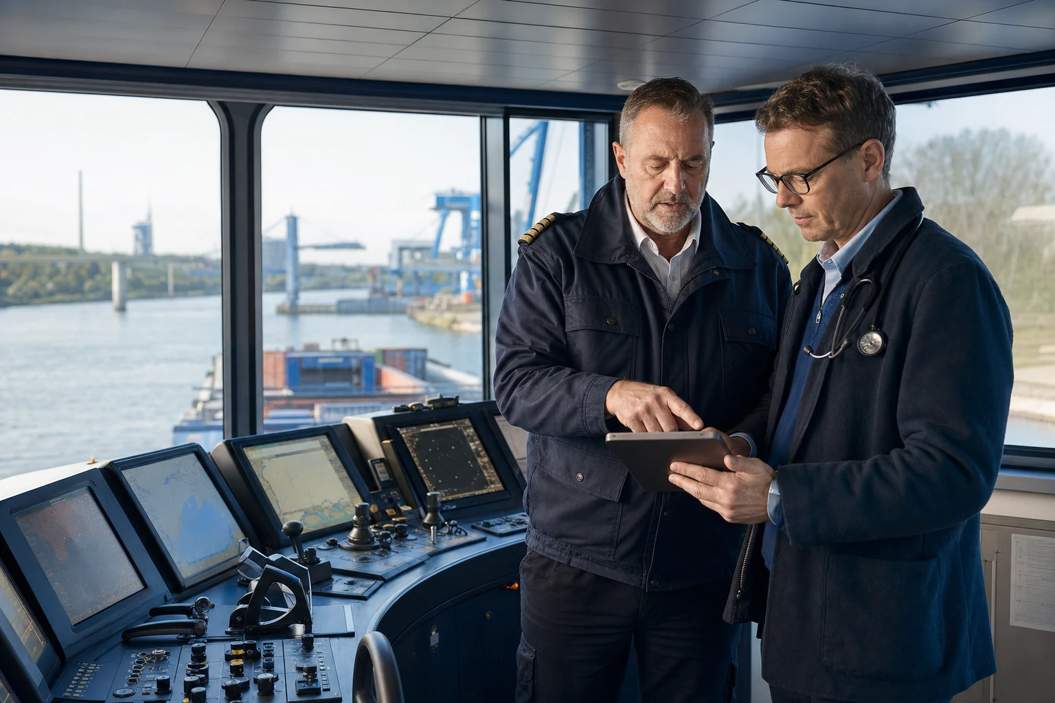 Verkehrsmedizinische Beratung im Steuerhaus eines Binnenschiffs