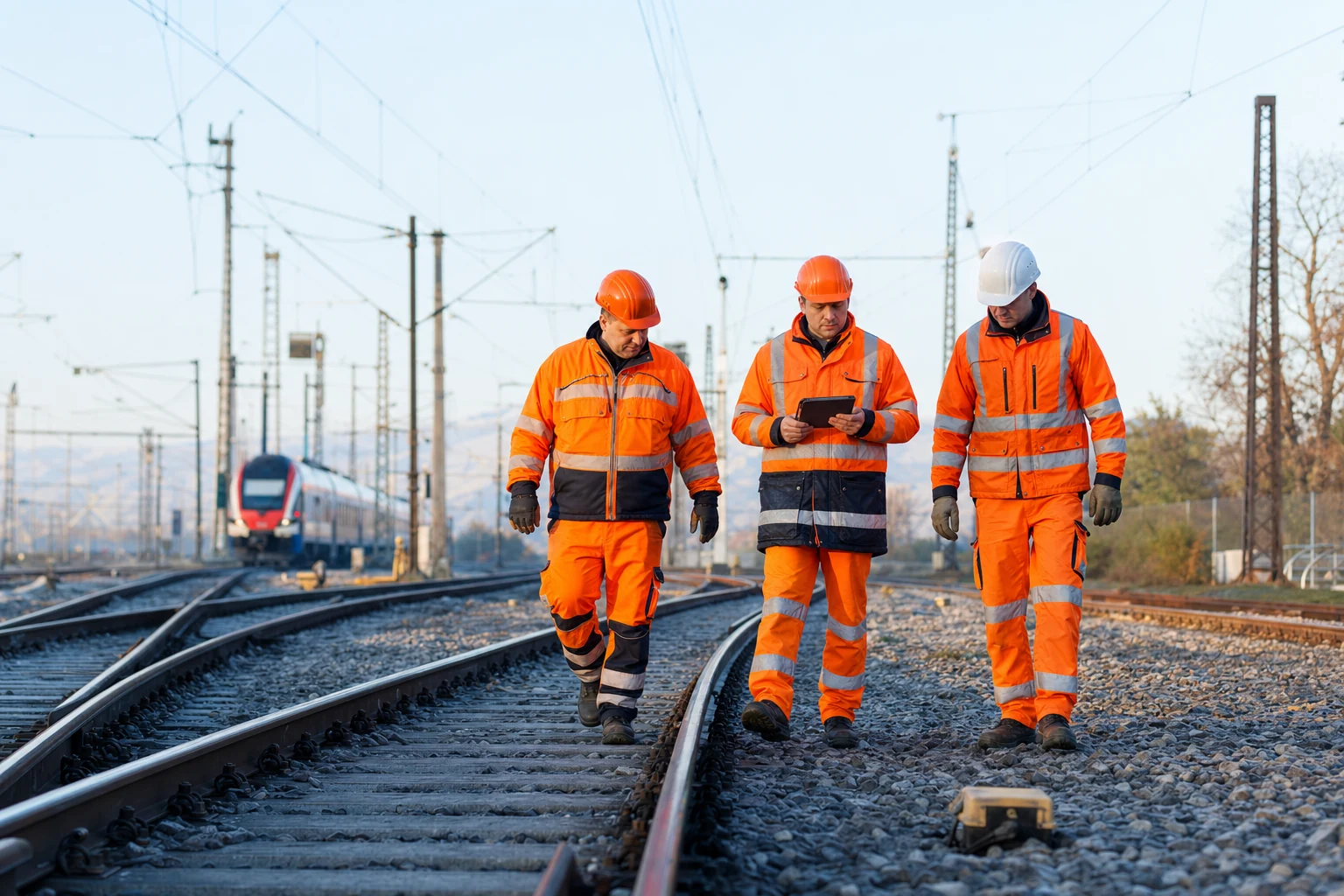 Bahnbeschäftigte bei einer professionellen Gleisinspektion