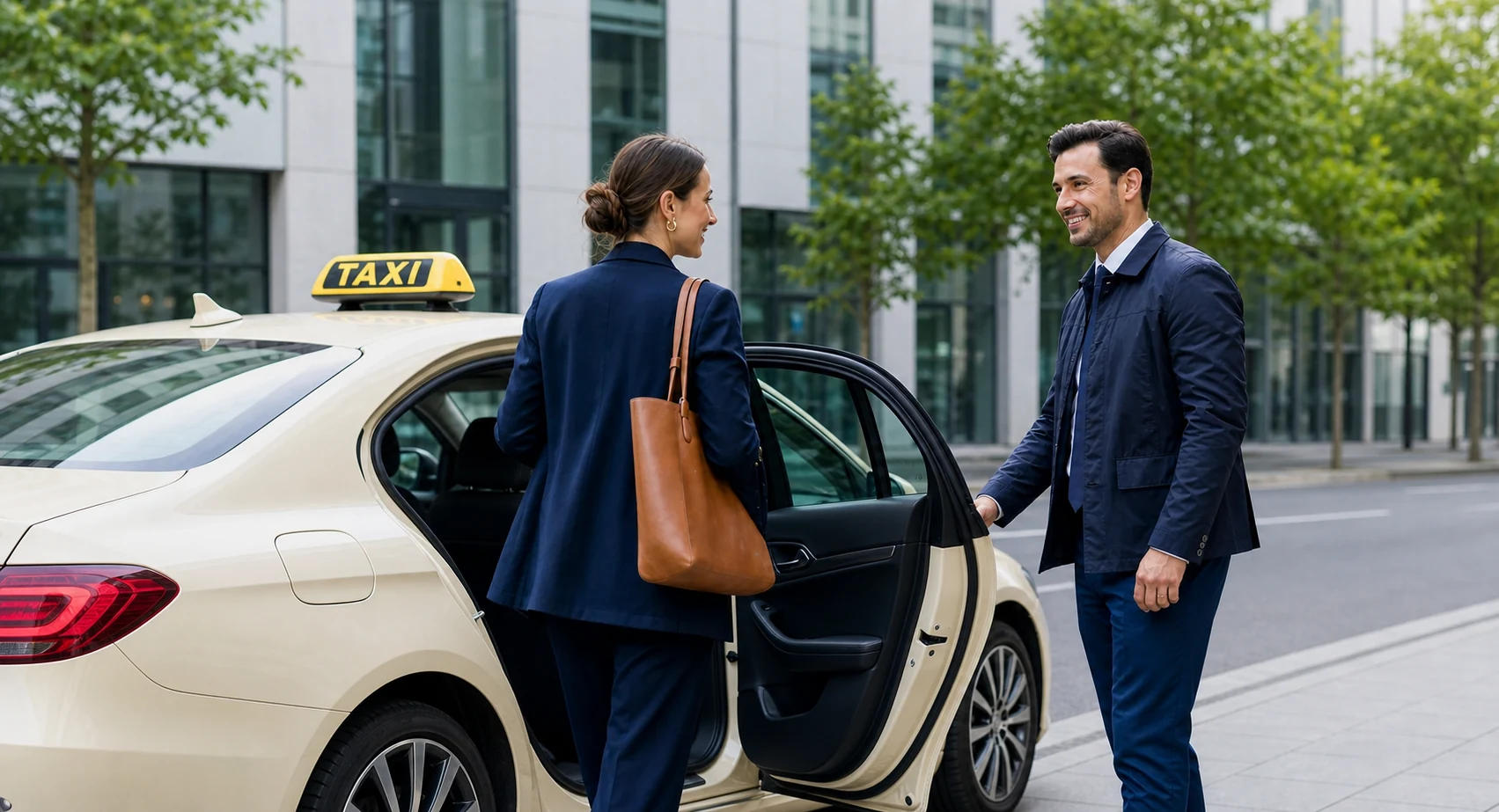 Taxifahrer öffnet einem Fahrgast die hintere Fahrzeugtür